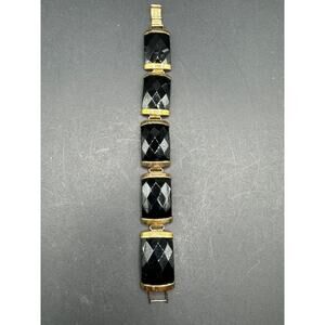 CA Signed Sterling Silver 925 Gold Tone Facetted Black Crystal Link Bracelet